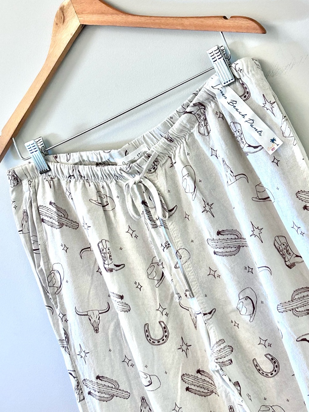 Cali 1850 Western Print Linen Blend Lounge Beach Pant Light Beige Woman’s L NWOT